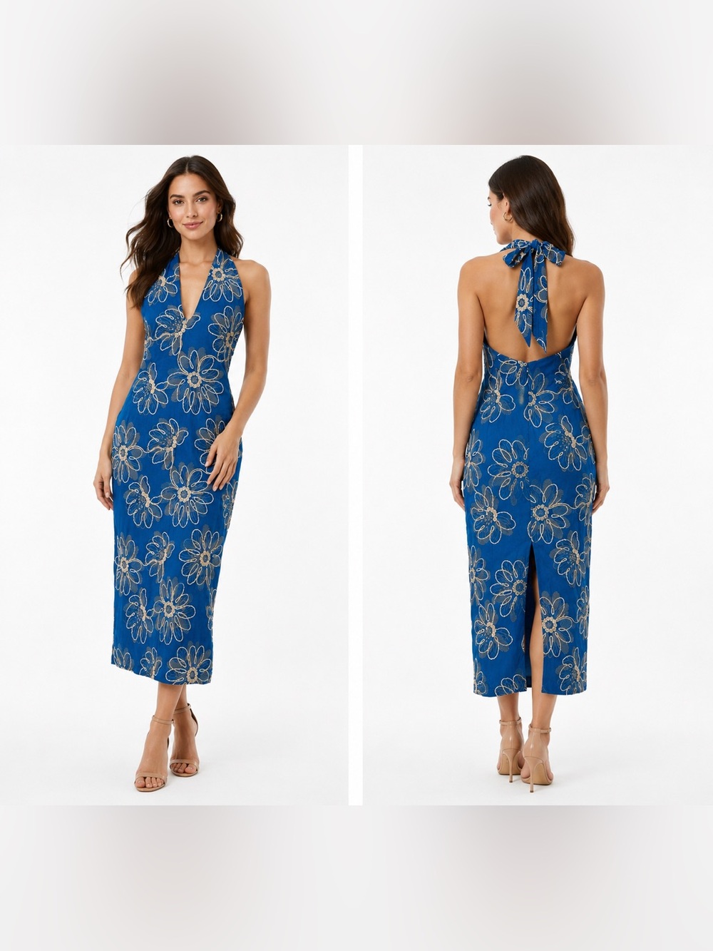 Ramy Brook Aiden Blue Floral Embroidered Halter Midi Dress Open Back Tie Neck